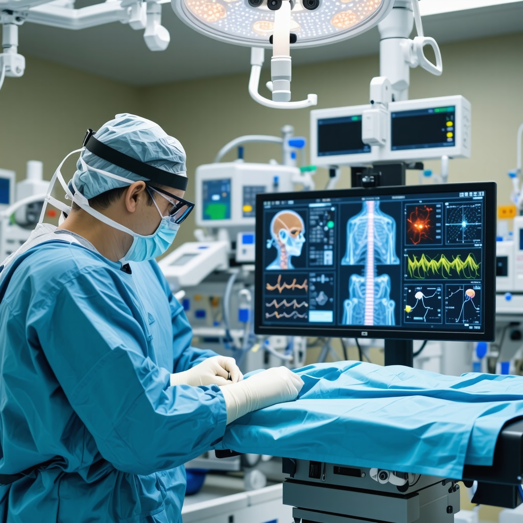 Spine surgeon performing robotic-assisted surgery with AI data overlays and biomarker charts