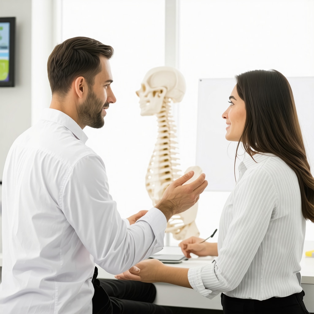 Doctor discussing neck pain treatment with patient in a clinic setting