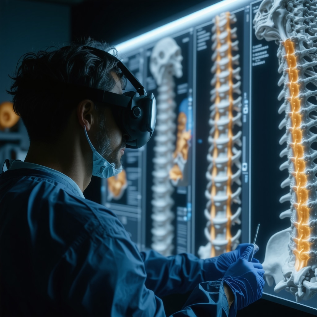 Spine surgeon wearing virtual reality headset visualizing 3D spinal anatomy for surgical planning