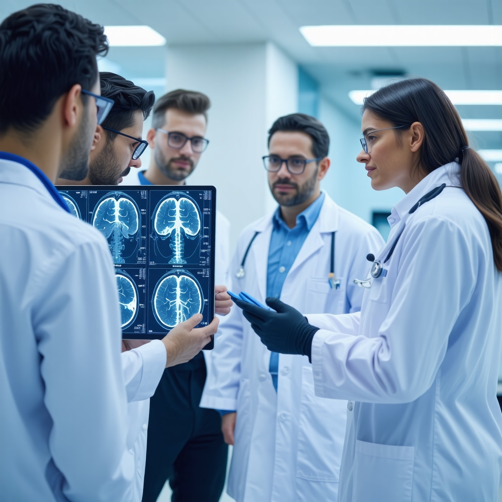 Medical professionals analyzing neuroimaging and spinal cord stimulator data for personalized chronic pain therapy