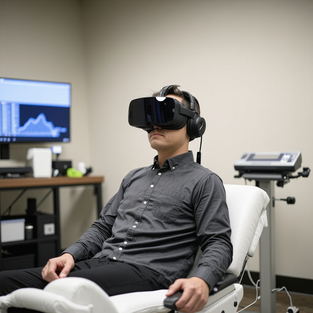 Patient using virtual reality headset during physical therapy session for back pain rehabilitation