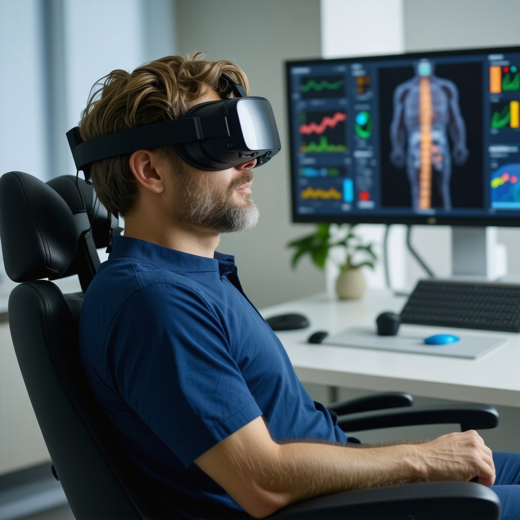 Patient undergoing virtual reality spine surgery rehabilitation with wearable sensor monitoring and AI analytics