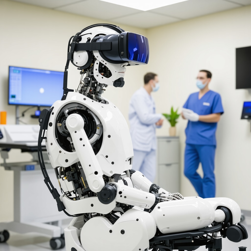 Patient undergoing spinal injury rehabilitation using virtual reality and robotic exoskeleton in a New Jersey medical facility