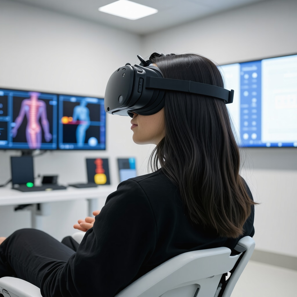 Patient using VR headset for non-invasive spine pain treatment in a high-tech medical setting