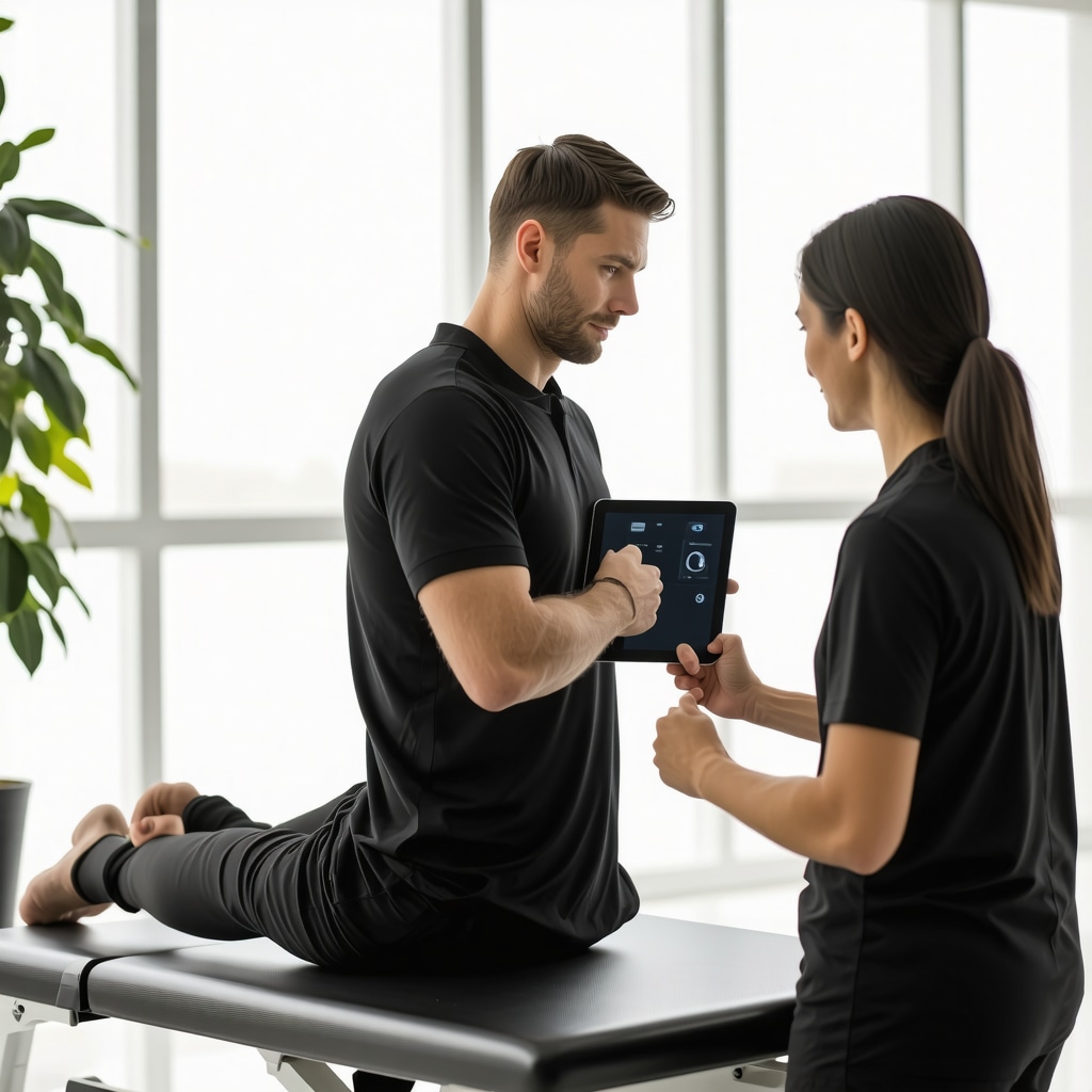 Patient using wearable biosensors during spine rehabilitation session monitored by therapist in New Jersey clinic
