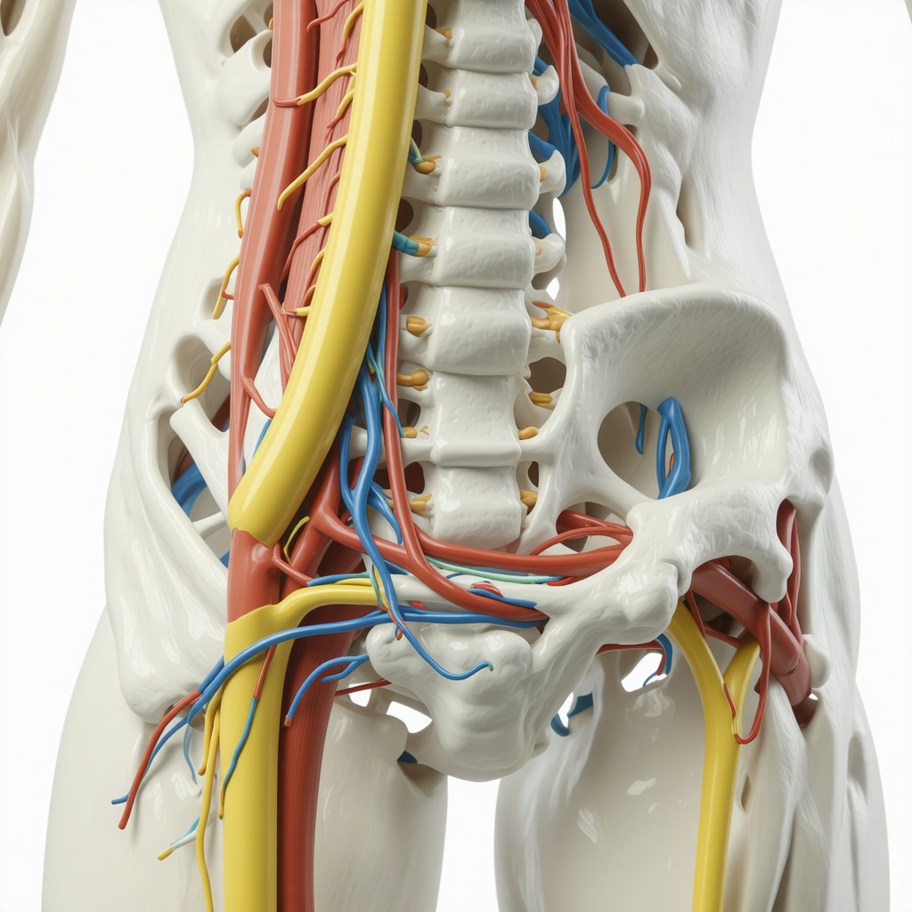 3D illustration displaying anterior lumbar interbody fusion surgery with focus on iliac vessels and implant positioning