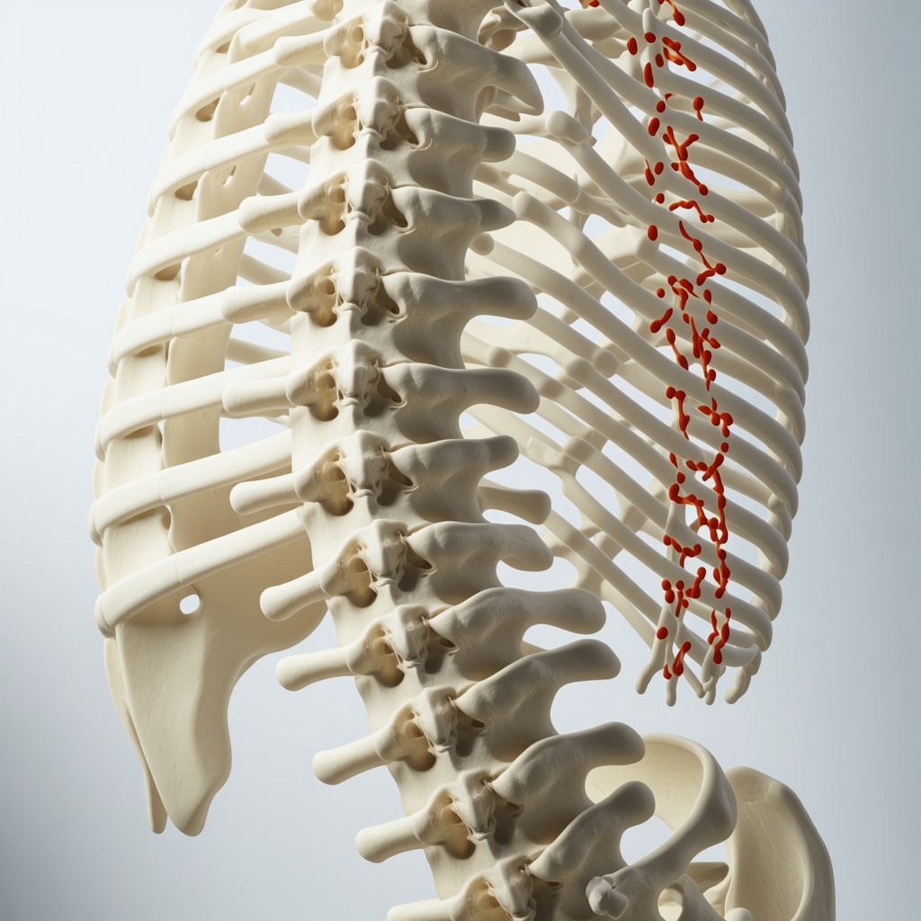 3D spine model showing multilevel disc degeneration with surgical tools and biologic therapy indicators