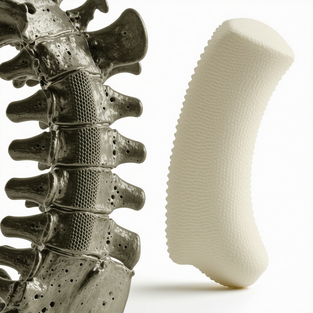 Close-up of 3D-printed titanium spinal implant with porous architecture adjacent to anatomical bone model