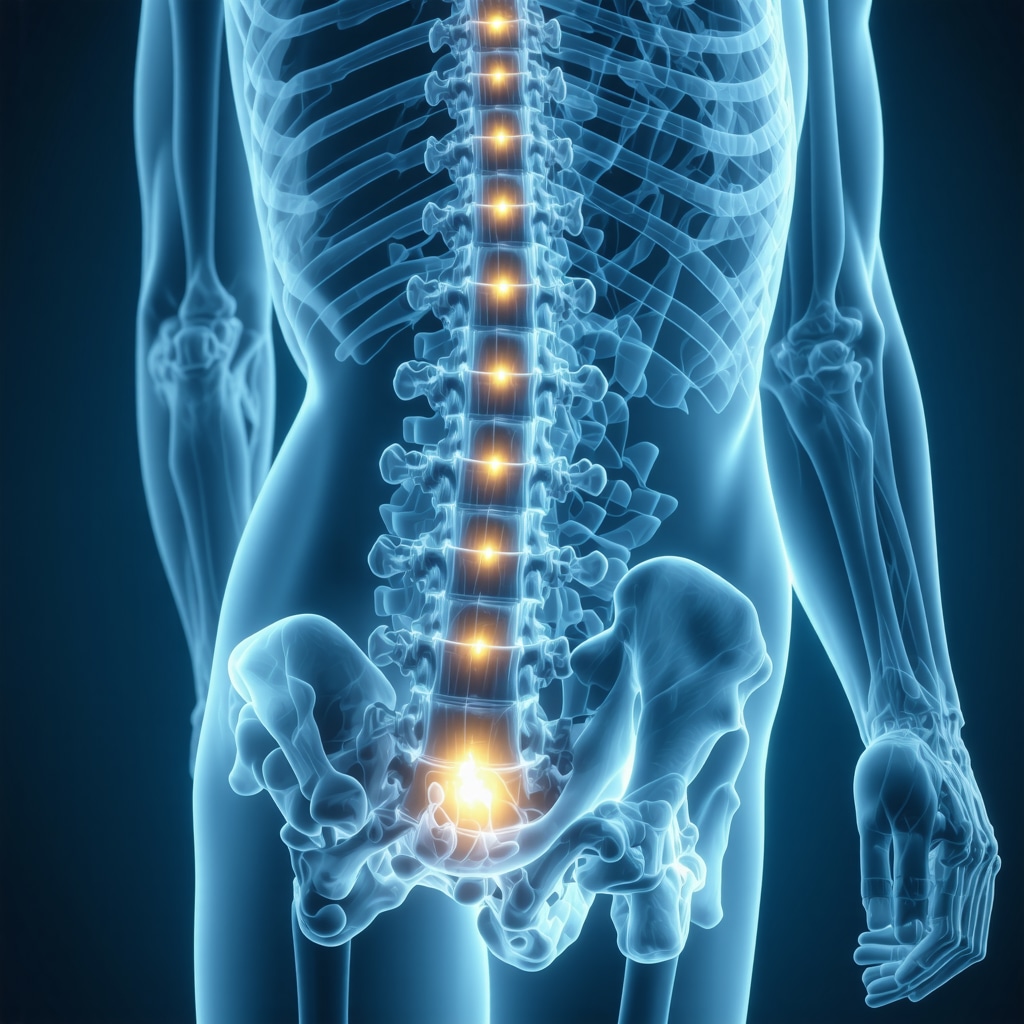 3D lumbar spine model showing AI-assisted surgical planning overlays