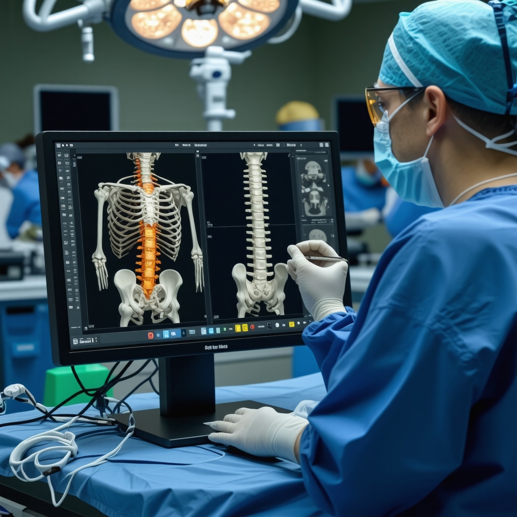 Surgeon using 3D spinal model on computer with neuromonitoring equipment visible in operating room
