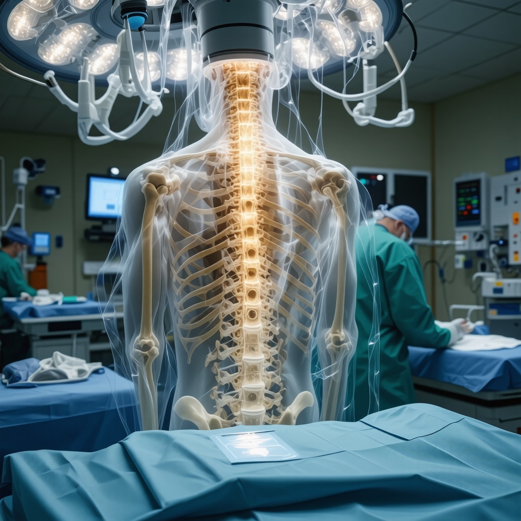 3D surgical navigation interface with AI overlays showing spinal anatomy during spinal stenosis surgery