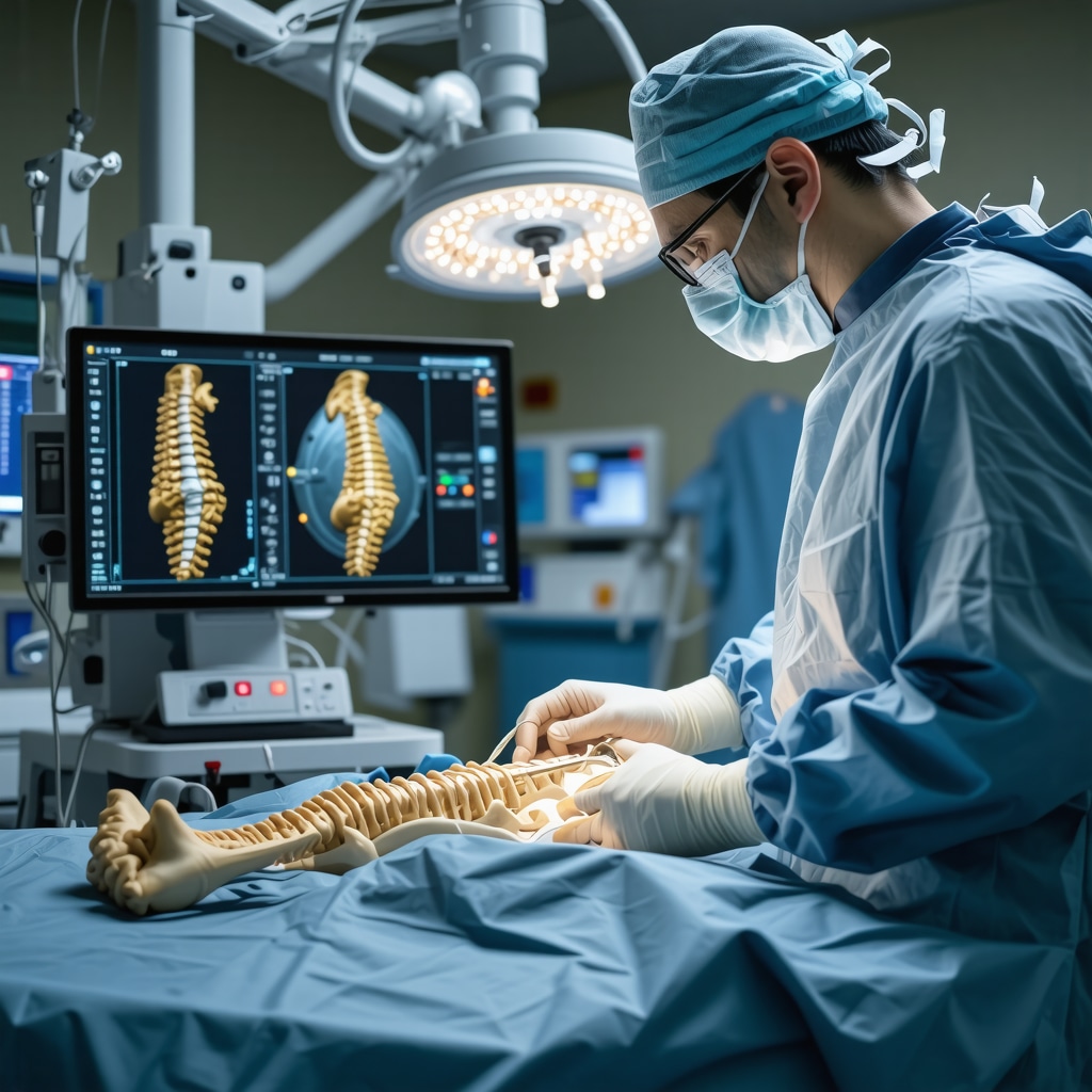 Surgeon performing AI-integrated laser spine surgery with 3D imaging in advanced surgical suite