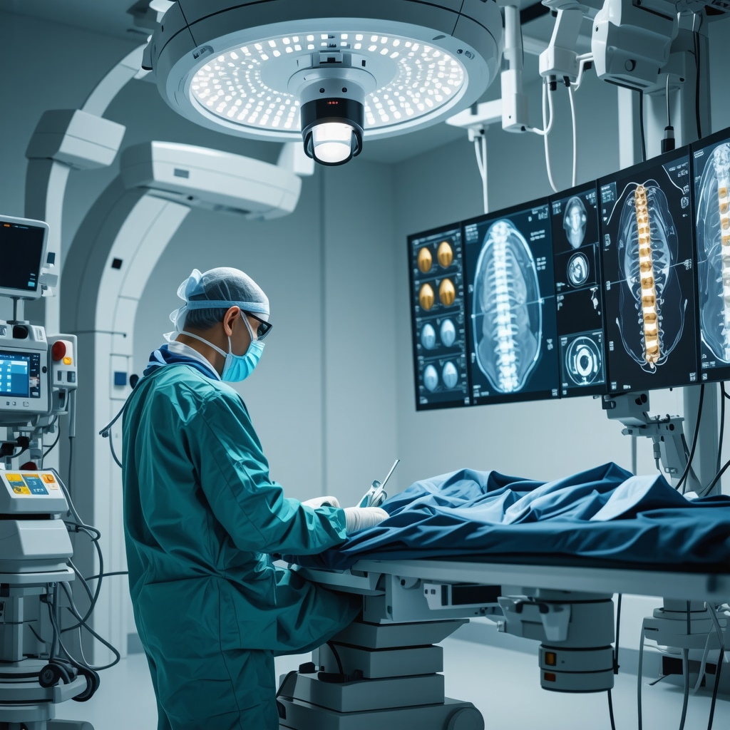 Surgeon performing AI-assisted robotic laser spine surgery with 3D imaging in a modern surgical suite