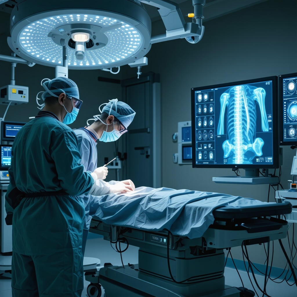 Surgeon performing AI-assisted robotic minimally invasive spine surgery with advanced digital imaging