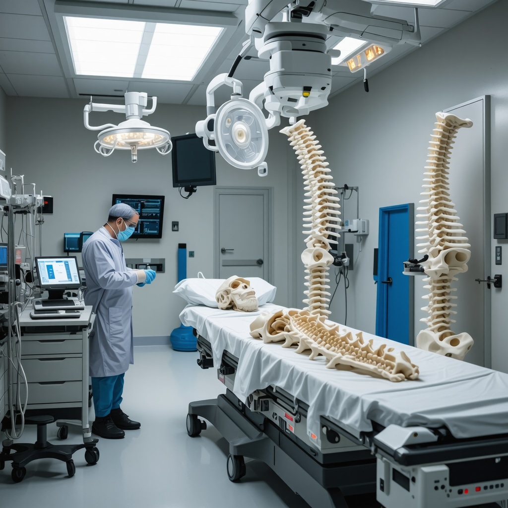 Surgeon performing AI-assisted robotic scoliosis surgery with 3D-printed spinal implants in a modern NJ surgical suite