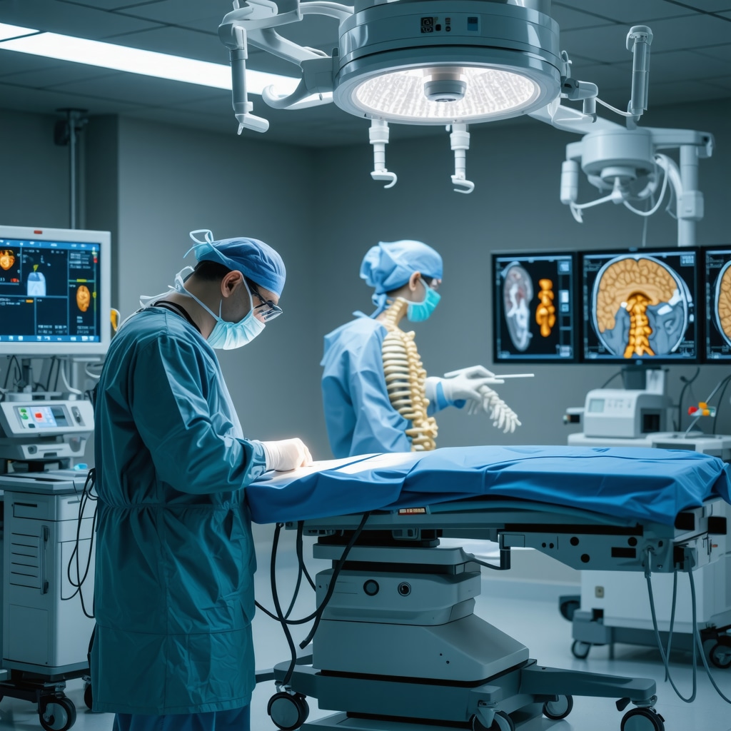 Spine surgeon performing AI-assisted robotic spine surgery with advanced 3D imaging technology in modern surgical suite