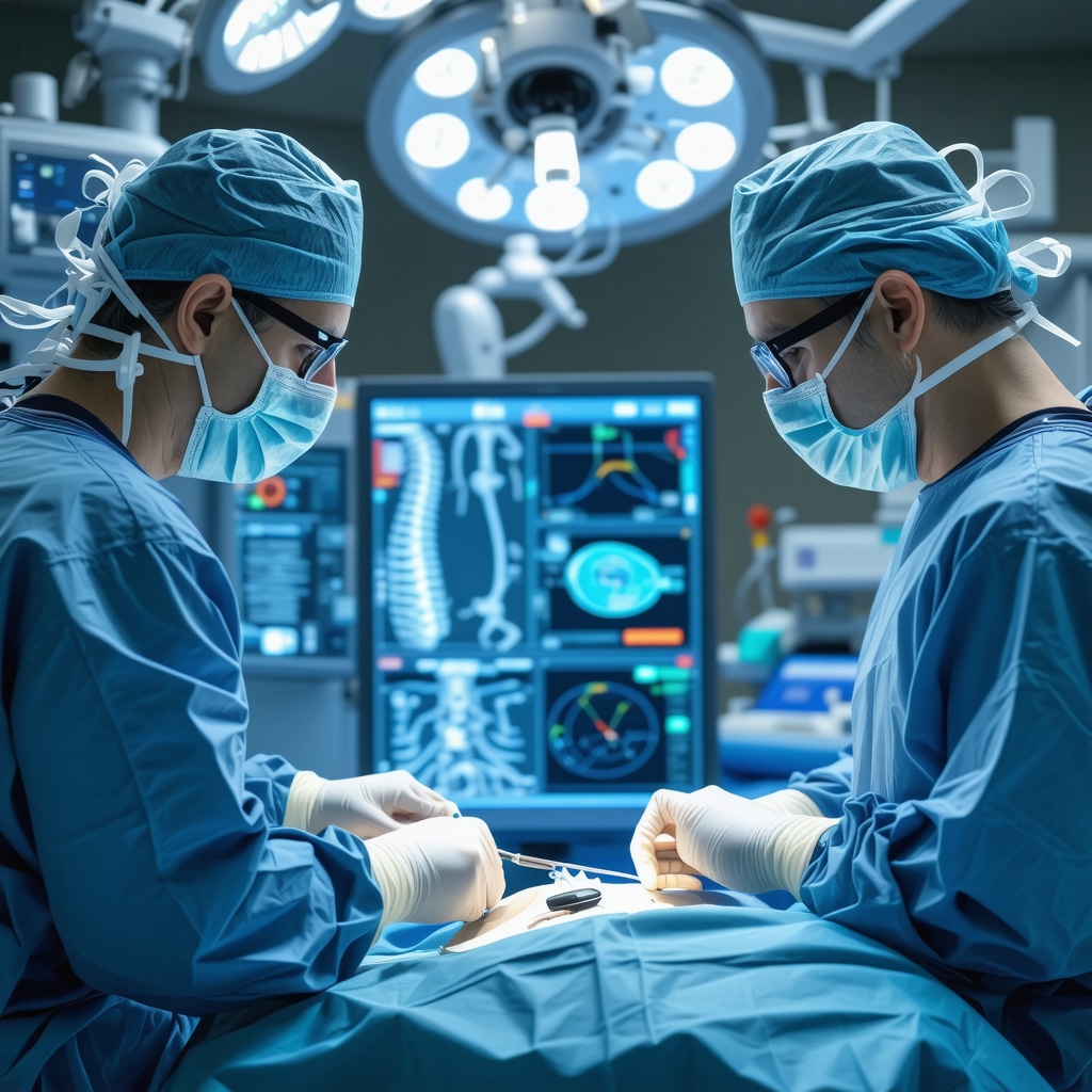 Surgeon performing AI-assisted robotic spine surgery with digital spinal anatomy overlays in futuristic operating room
