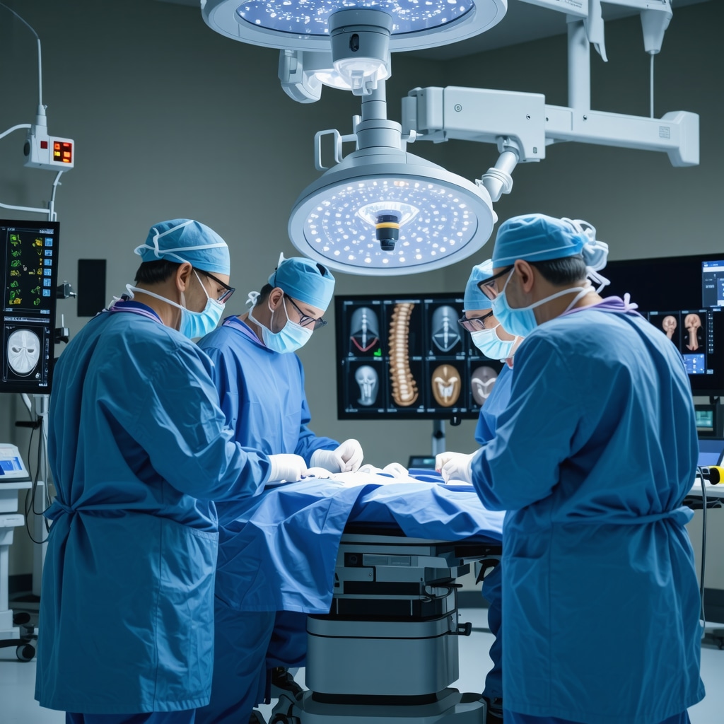 Spine surgeon performing AI-assisted robotic minimally invasive surgery with 3D imaging in advanced OR