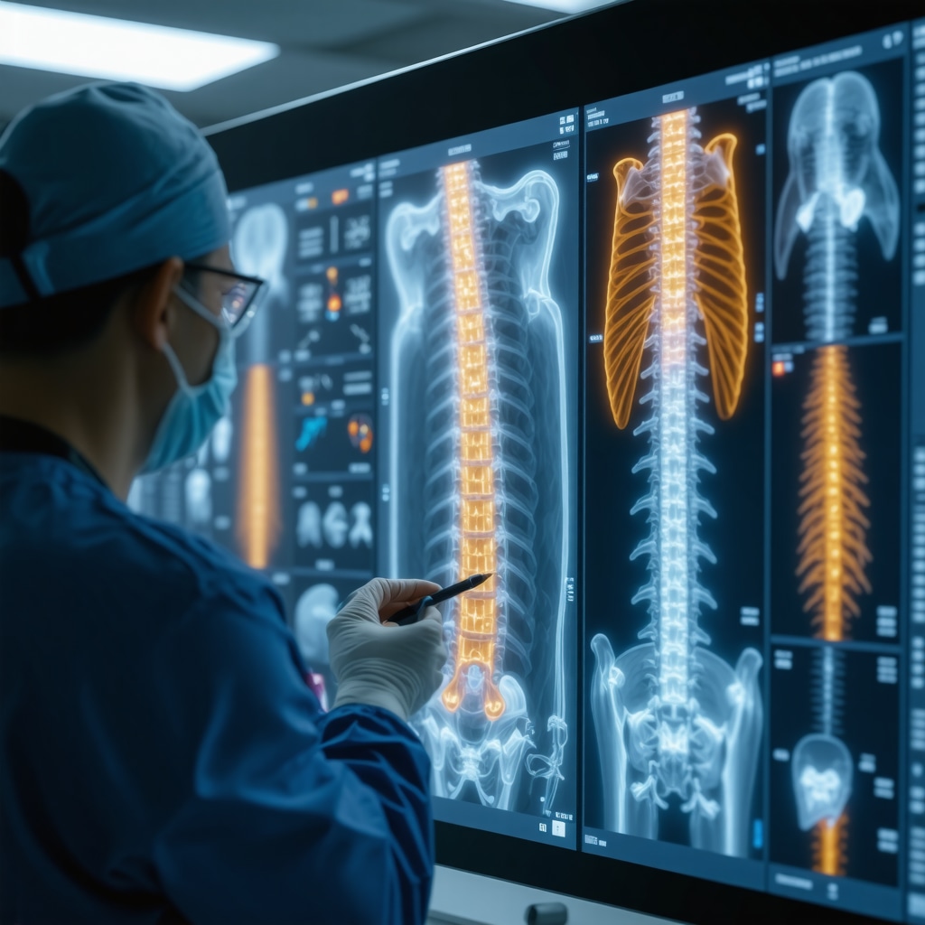 Spine surgeon reviewing AI analytics and patient data on a futuristic transparent display in a medical environment