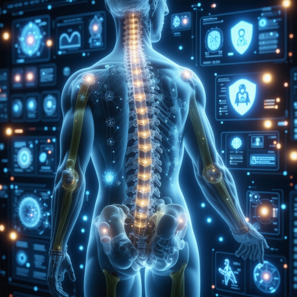 Digital dashboard showing AI analytics integrating patient feedback and clinical data with holographic spine and telehealth symbols