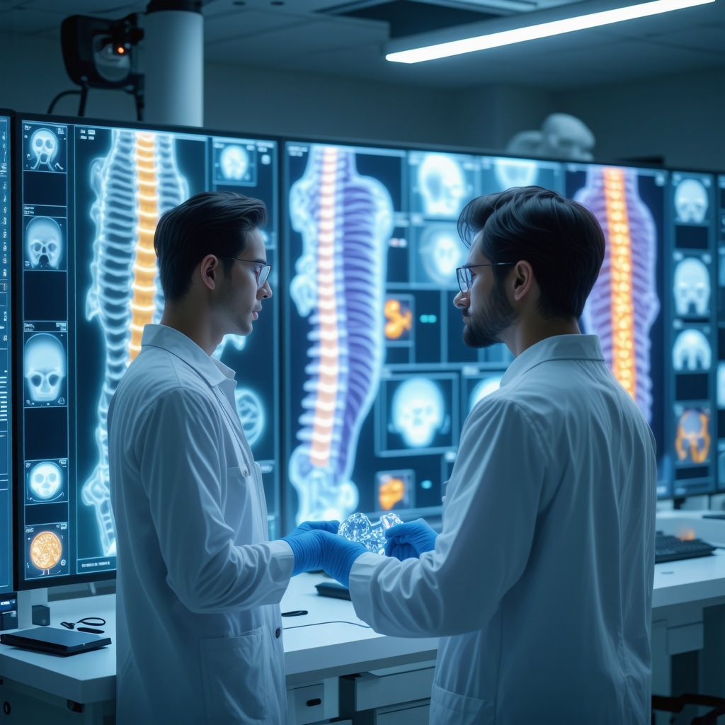 Clinician analyzing 3D spinal models using AI and digital twin technology in a futuristic medical lab