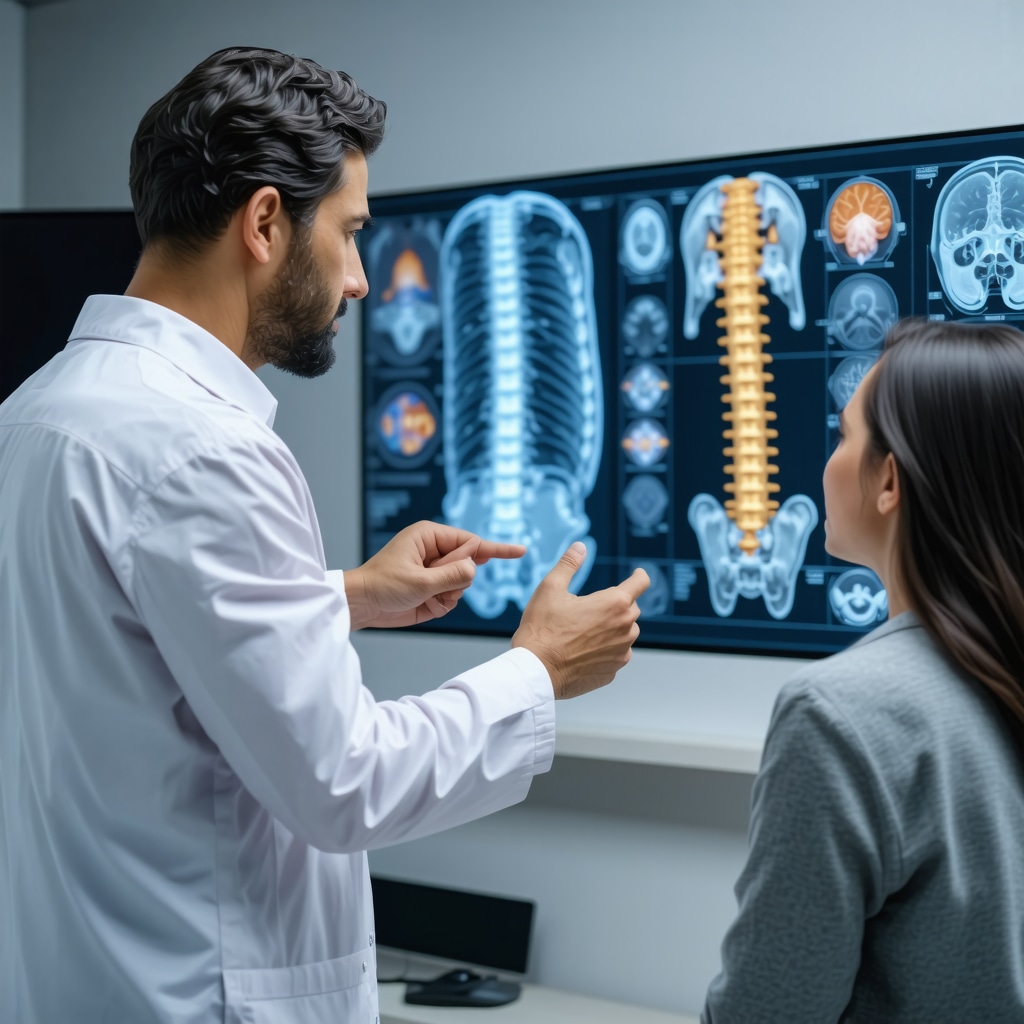 Spine specialist and patient reviewing AI-based spine imaging in a futuristic consultation room in New Jersey