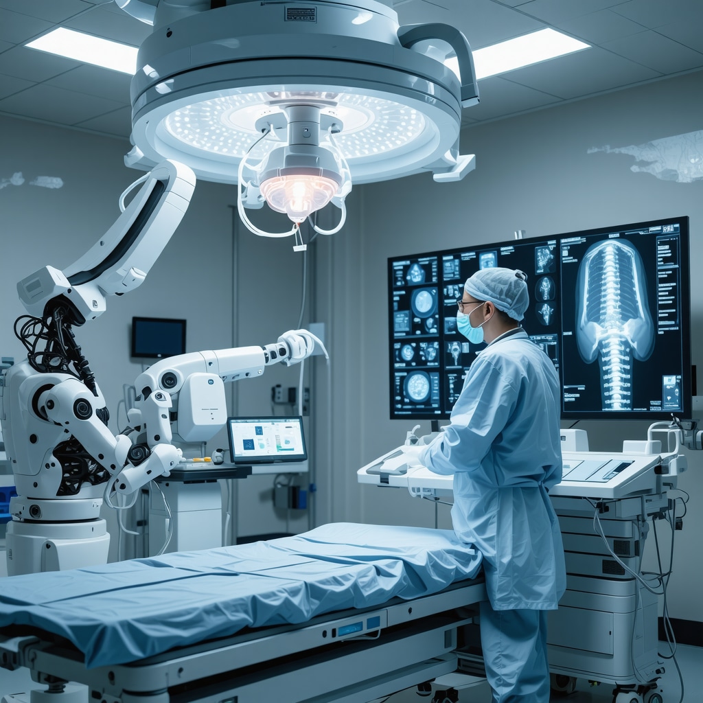 Surgeon operating AI-augmented robotic arm with 3D spine holograms in New Jersey hospital