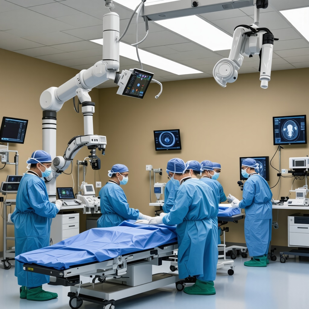 Spine surgeon using AI-guided robotic tools with advanced imaging in New Jersey surgery room
