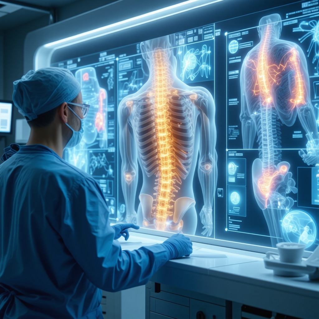 Spine surgeon reviewing AI predictive models with wearable sensor data and biologic therapy imagery