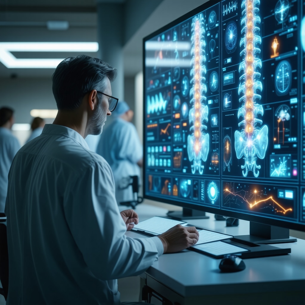 Spine surgeon and patient reviewing AI holographic displays with biomarker data and surgery timing predictions in advanced clinical setting