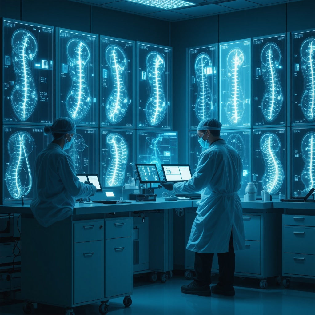Surgeon reviewing AI-driven biomarker data with 3D spine and neural network visuals in a high-tech lab