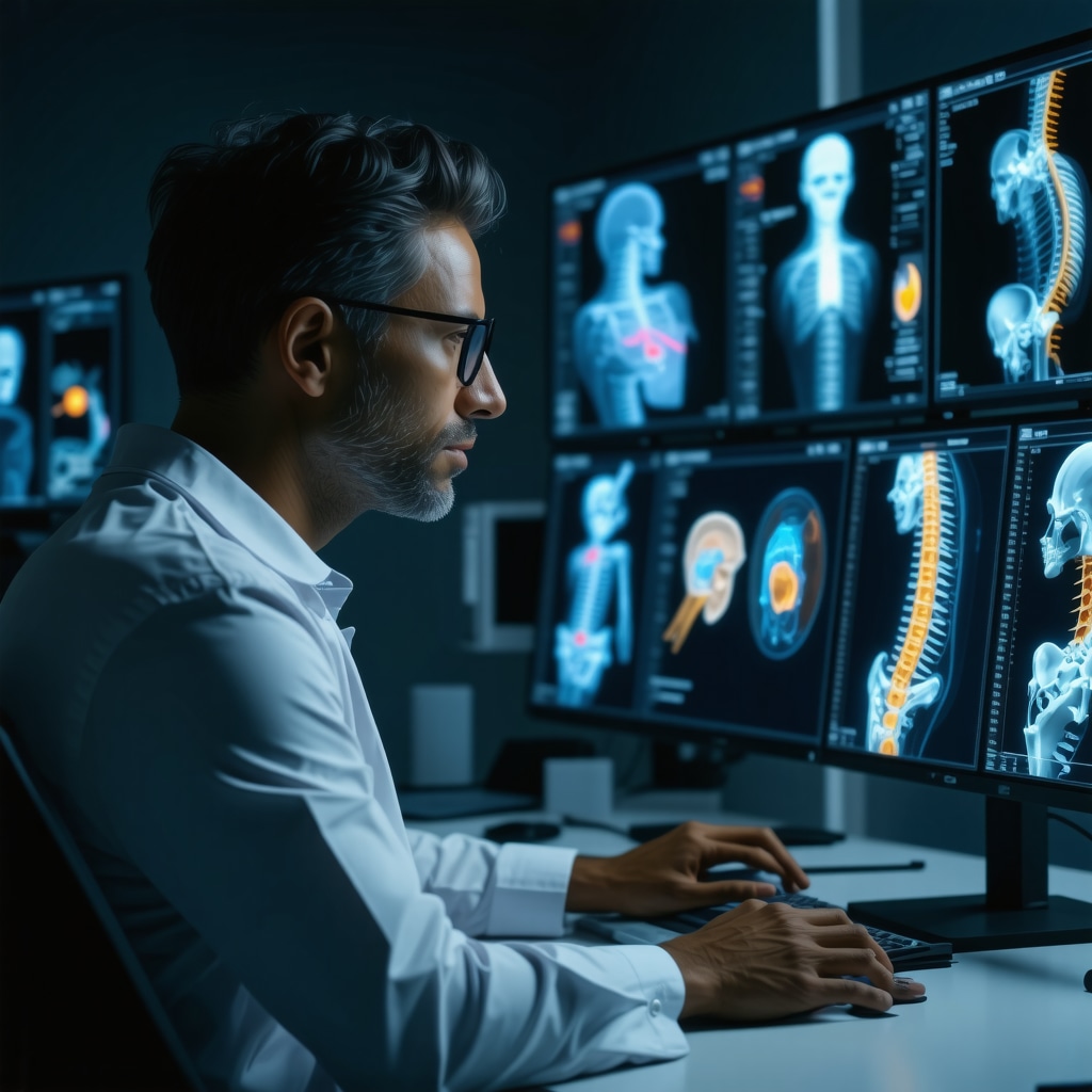 Medical professional reviewing AI-driven cervical spine models and regenerative therapy data on digital displays in a modern clinic