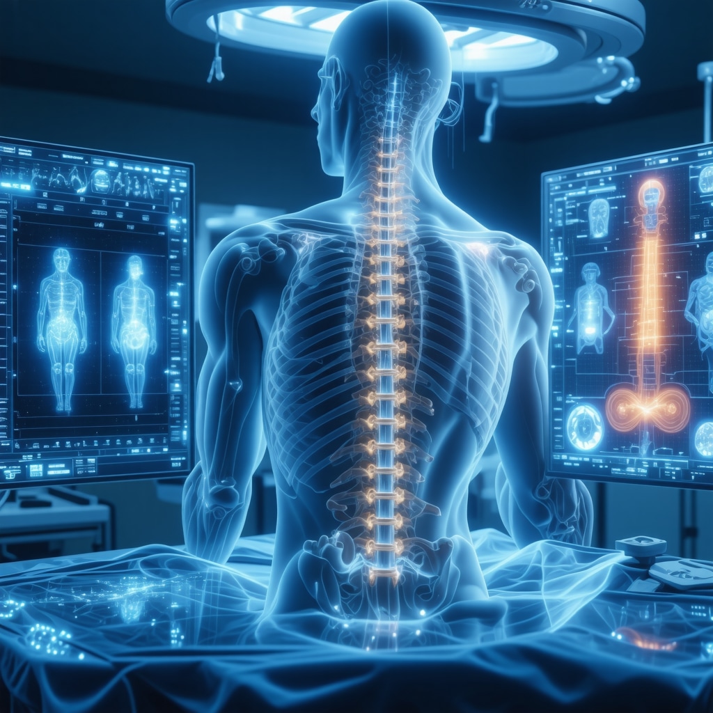 Digital interface illustrating AI-driven predictive modeling and biomechanical simulations for spine surgery