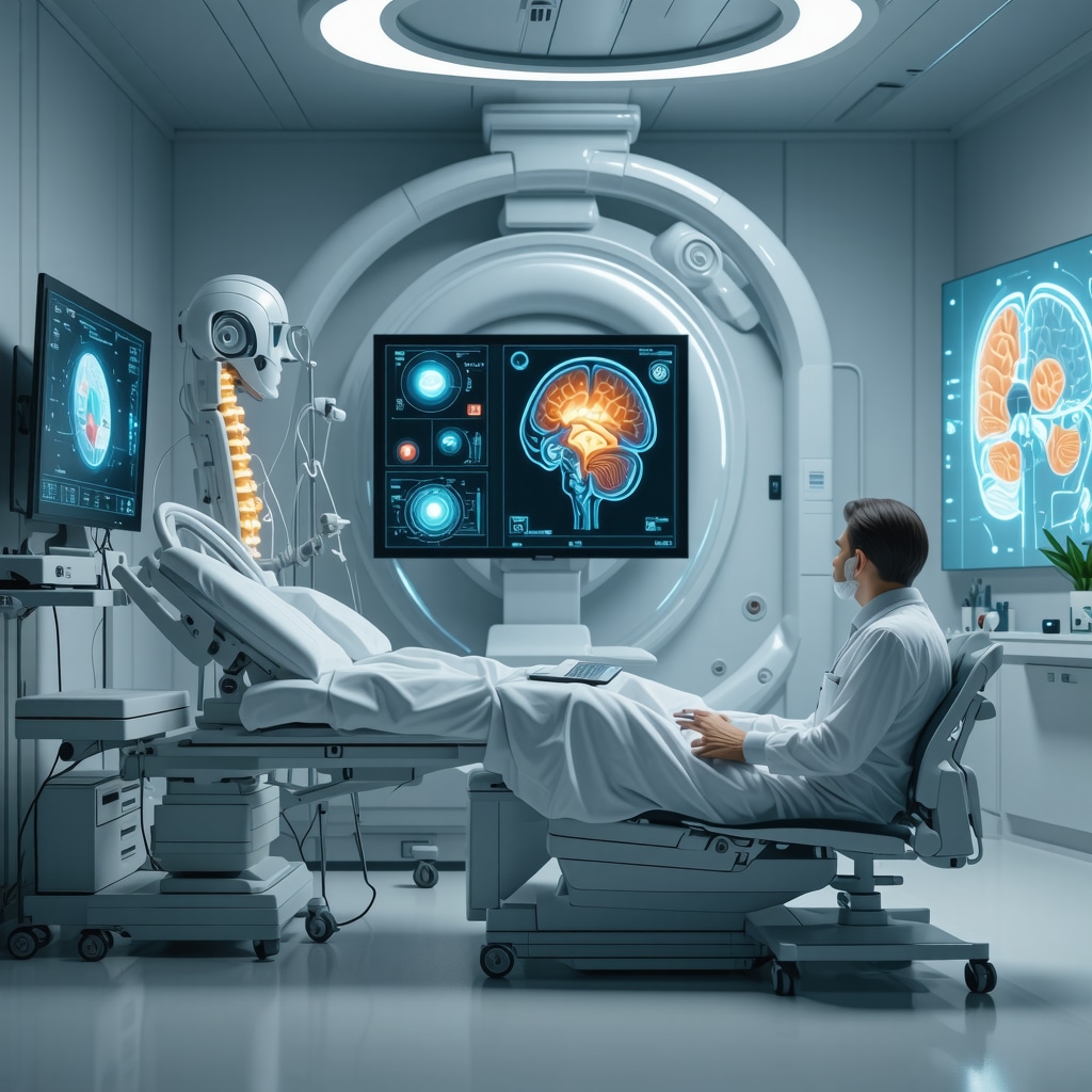Illustration of AI analyzing spine imaging alongside neuroplasticity and telehealth CBT therapy