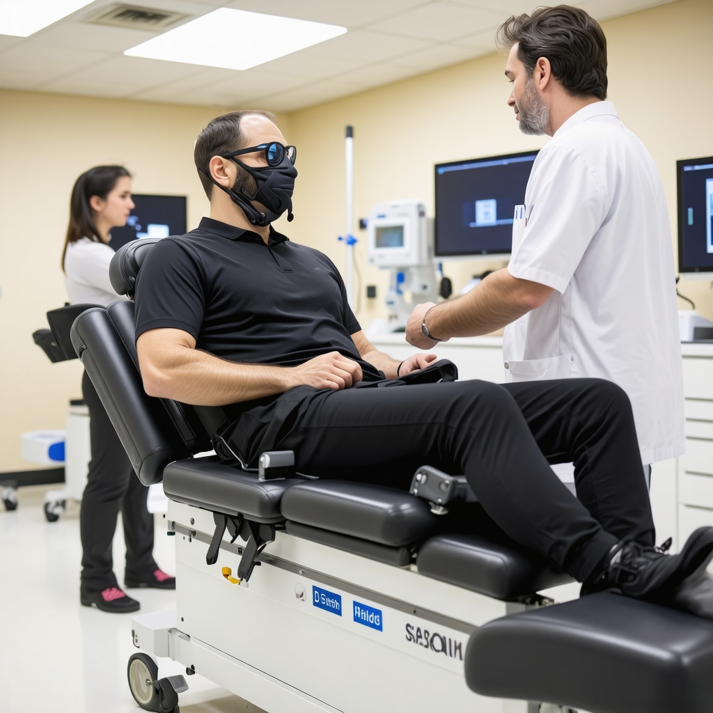 Patient using wearable sensors in NJ rehab center with clinicians monitoring remotely via AI technology