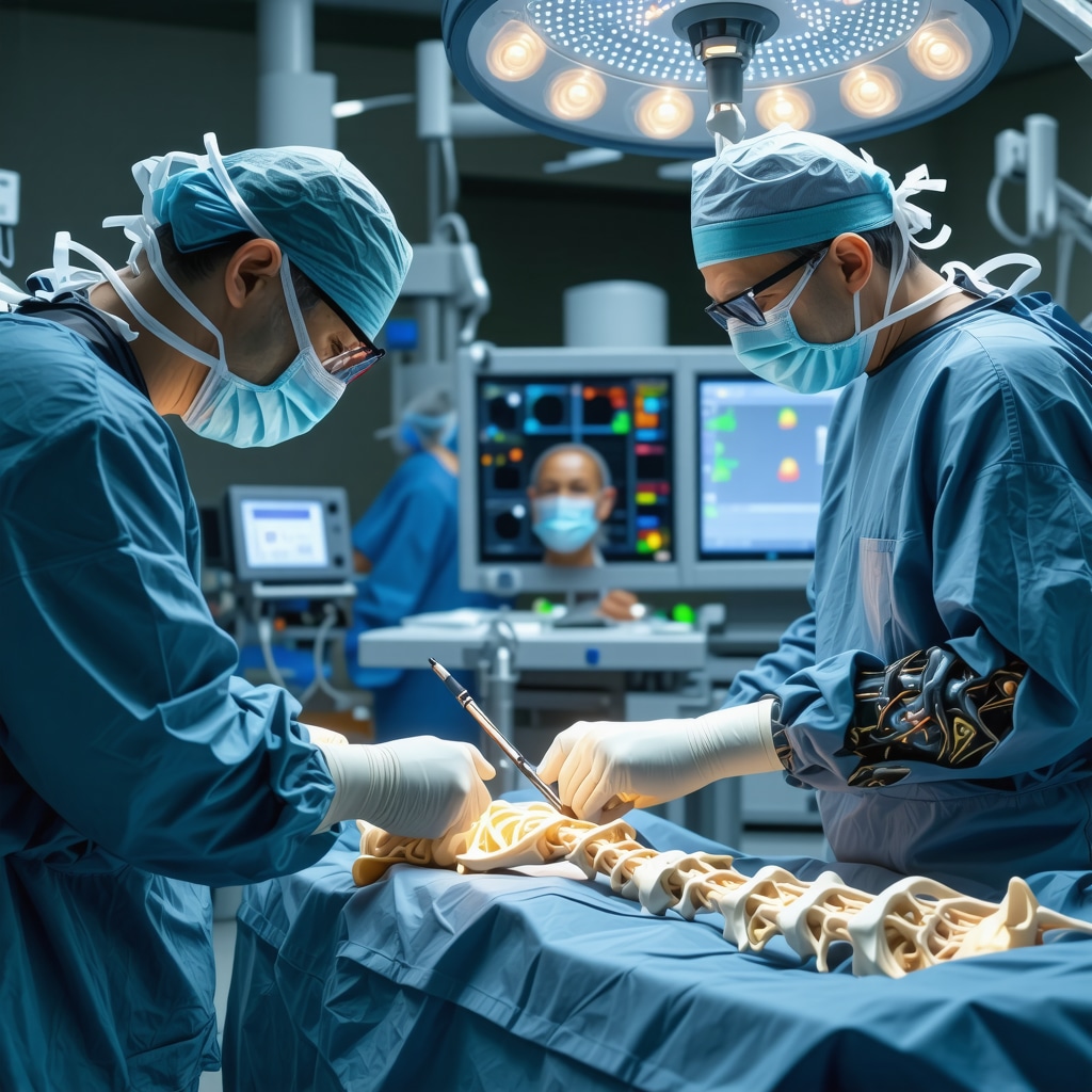 Surgeon performing AI-assisted laser spine surgery with holographic 3D spinal imaging and robotic arms in a modern operating room