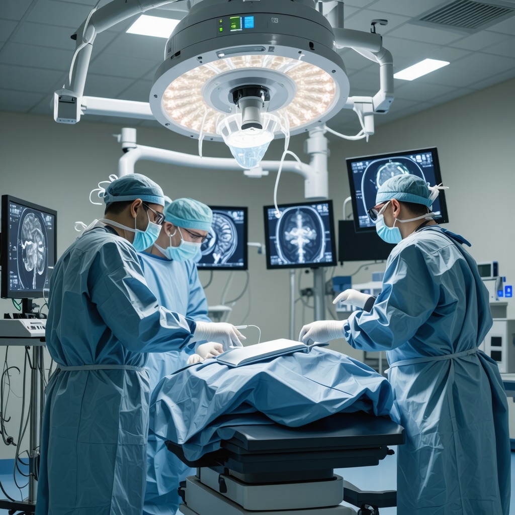 Spine surgeon performing AI-assisted robotic surgery with 3D spinal imaging in an advanced operating room