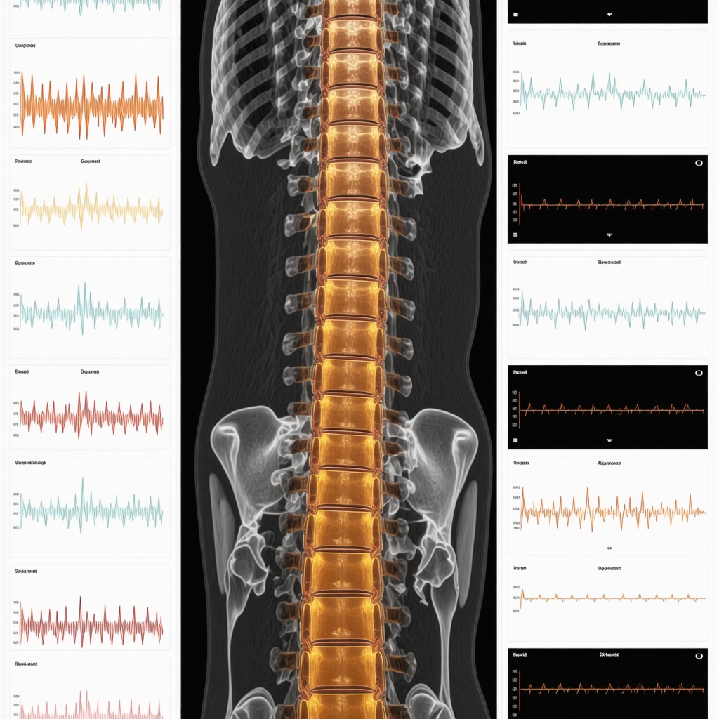 Medical visualization of AI-enhanced MRI of the spine highlighting spinal structures with data analytics overlay