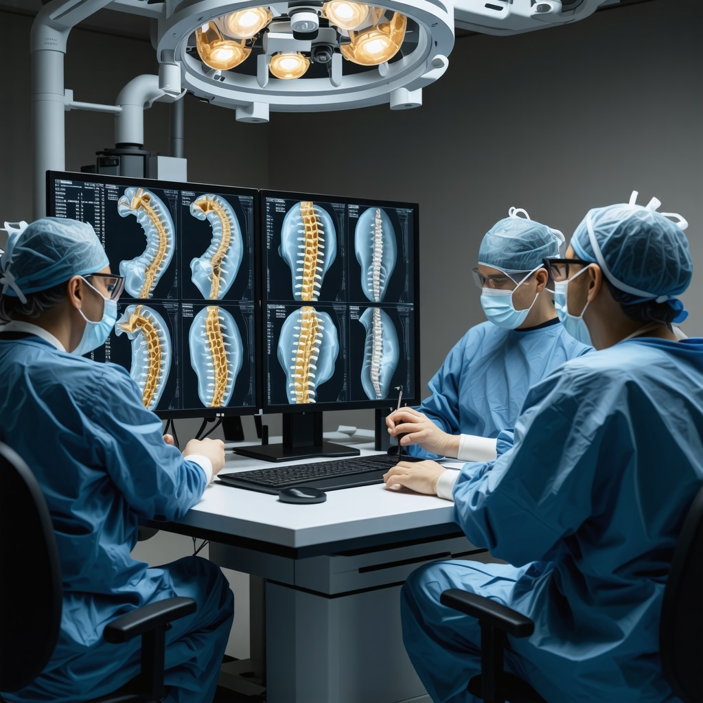 Surgeons using AI-driven 3D spinal models for precise surgical planning in a state-of-the-art spine clinic