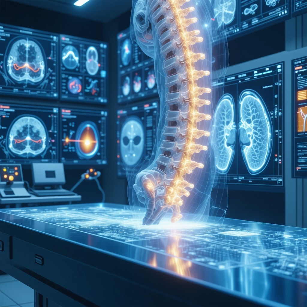 Futuristic medical setup showing holographic 3D spine imaging and AI data analytics for herniated disc treatment