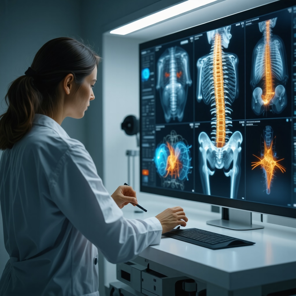 Spine specialist utilizing AI and biomechanical models for non-invasive spine care planning in a modern clinic