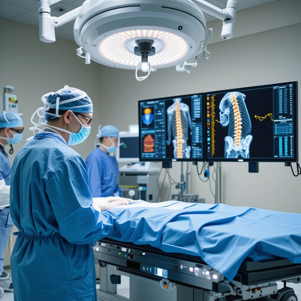 Surgeon operating with AI-assisted robotic tools and digital displays showing biomechanical models and genomic data for lumbar spine surgery