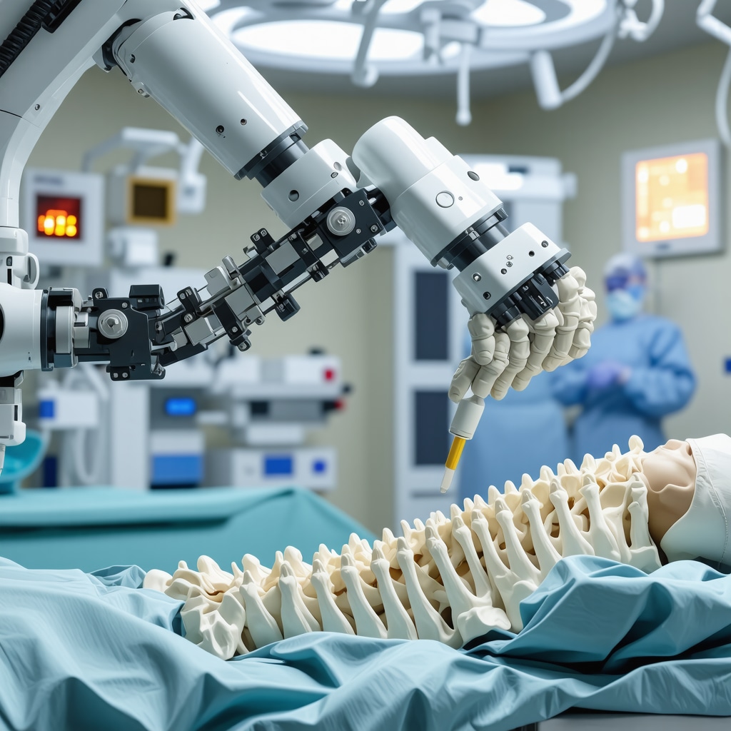 Robotic arm performing AI-assisted minimally invasive spine surgery with biomechanical implant modeling in a New Jersey hospital