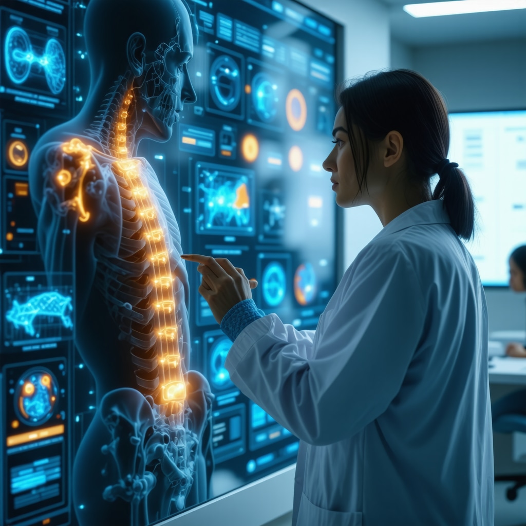 Clinician reviewing AI-based spinal diagnostics with biomarker data and imaging for personalized treatment