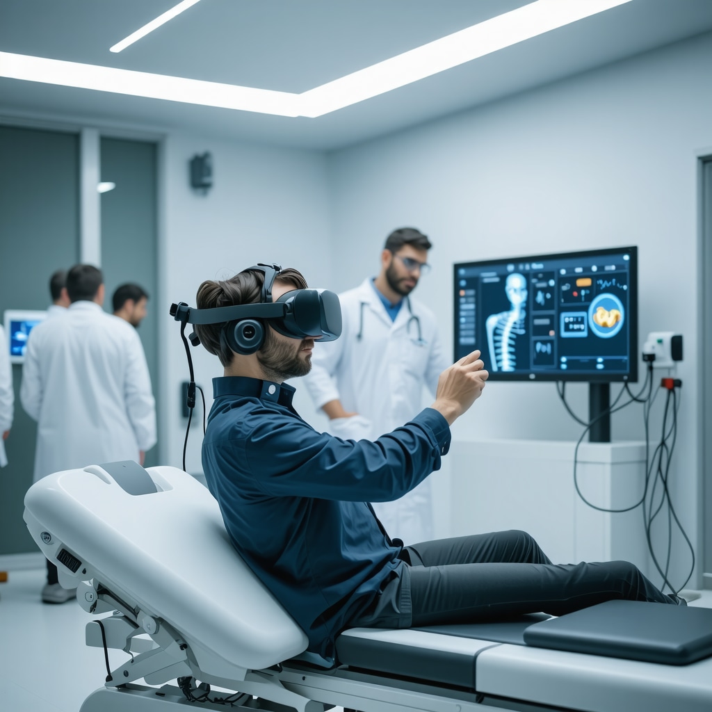 Patient using wearable sensors and VR in advanced spine surgery rehabilitation with AI monitoring