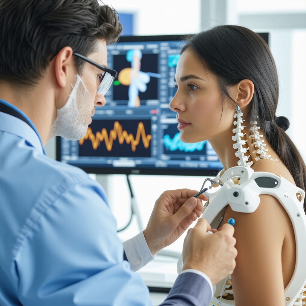 Spine surgeon reviewing AI-powered clinical decision support data with biomarker overlays and patient wearing wearable device for spine monitoring