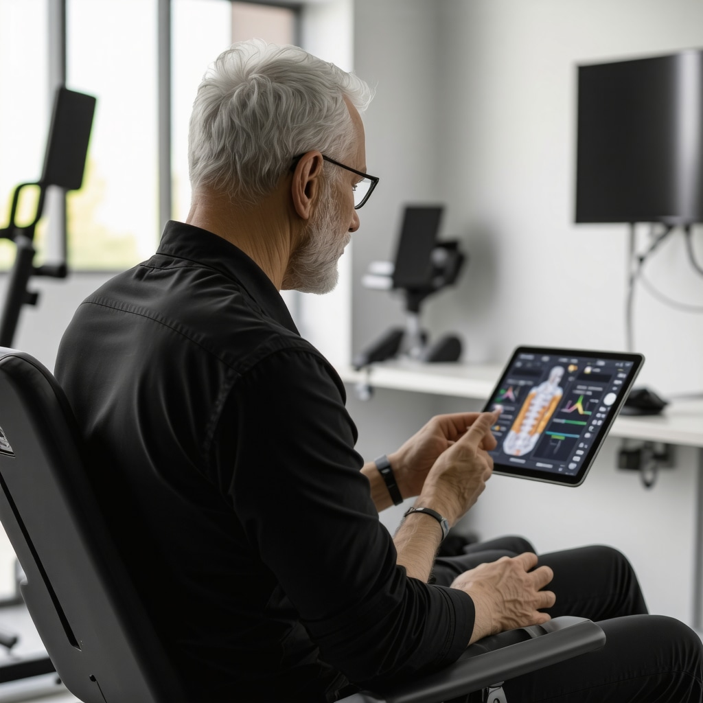 Patient undergoing AI-monitored rehabilitation with wearable sensors and therapist guidance