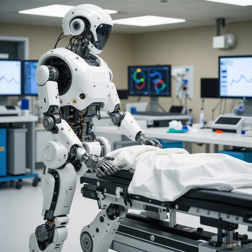 Robotic exoskeleton assisting patient recovery with biomaterial scaffolds and AI data visualization in medical lab