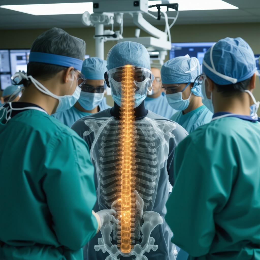 Medical professionals reviewing 3D spine imaging and surgical planning software in a hospital