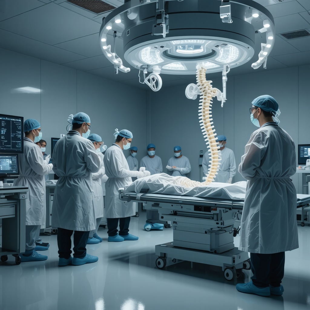 Surgeons interacting with AI-powered 3D spine models and digital tools for personalized spine surgery planning